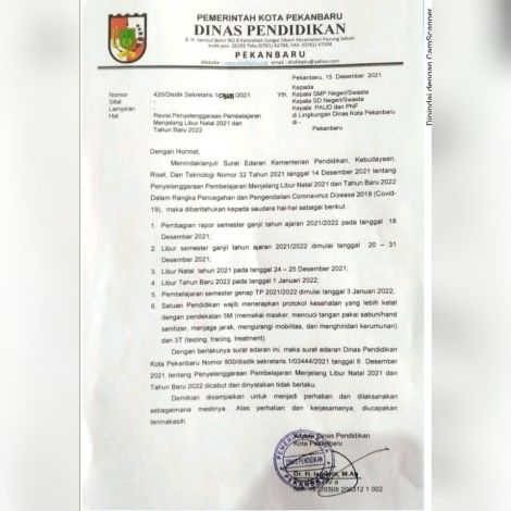 Siswa SD dan SMP di Kota Pekanbaru Mulai Libur 20 Desember 2021