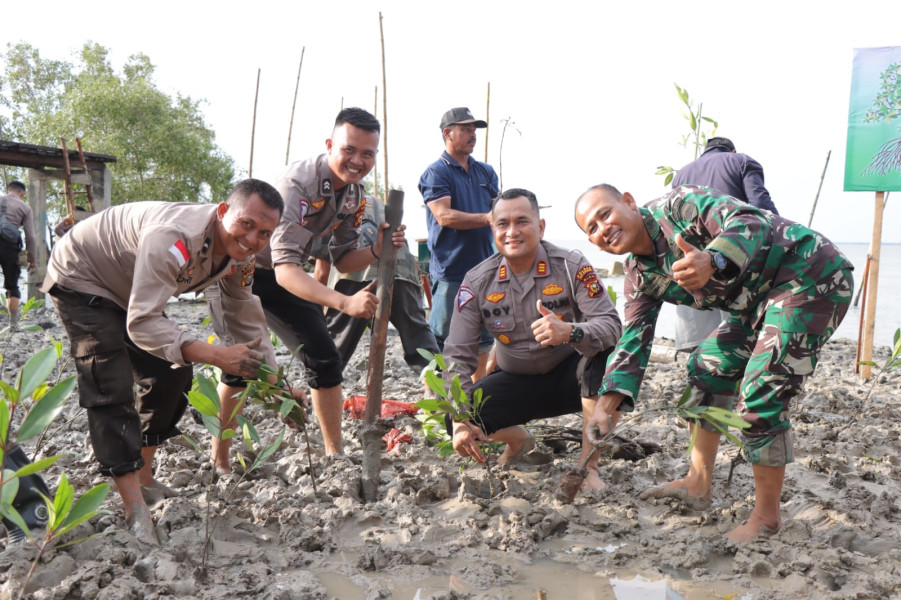 Cegah Abrasi dan Perkuat Sinergitas, TNI-Polri di Meranti Tanam Mangrove