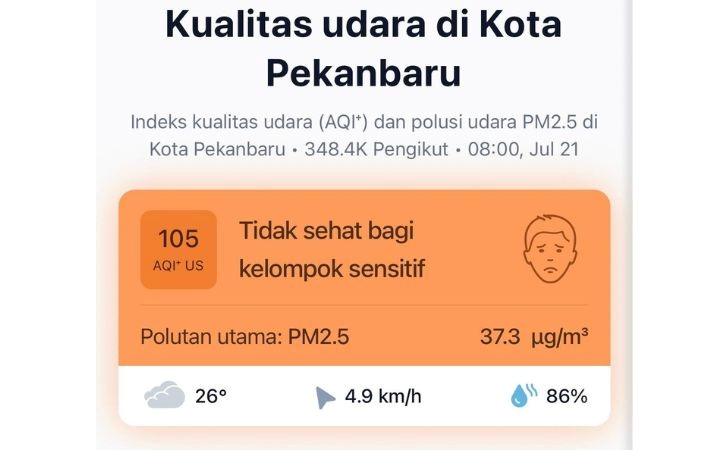 Kualitas Udara Pekanbaru Senin Pagi Memburuk, Tak Sehat Bagi Kelompok Sensitif