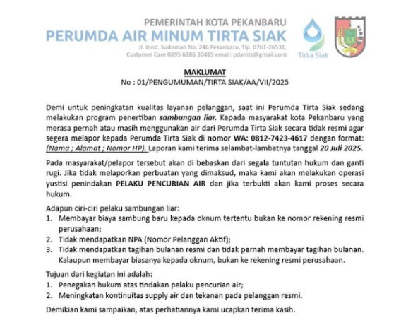 Perumda Air Minum  Siak Tertibkan Sambungan Liar, Warga Diminta Lapor Sebelum 20 Juli