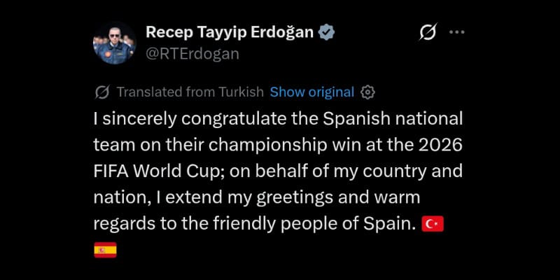 Erdogan Ucapkan Selamat kepada Spanyol Usai Juara Piala Dunia 2026
