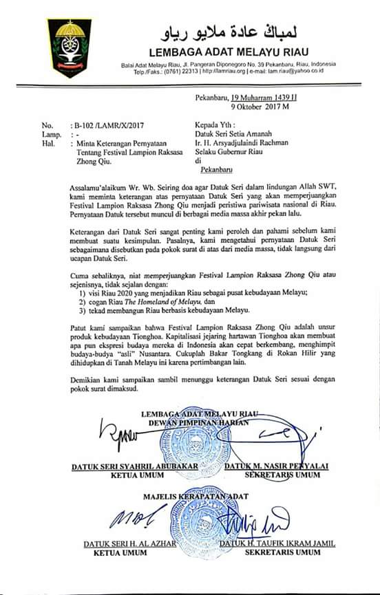Datuk Pucuk Pimpinan LAM Riau Surati Gubernur Terkait Pernyataan Pada Festival Lampion Zhong Qiu