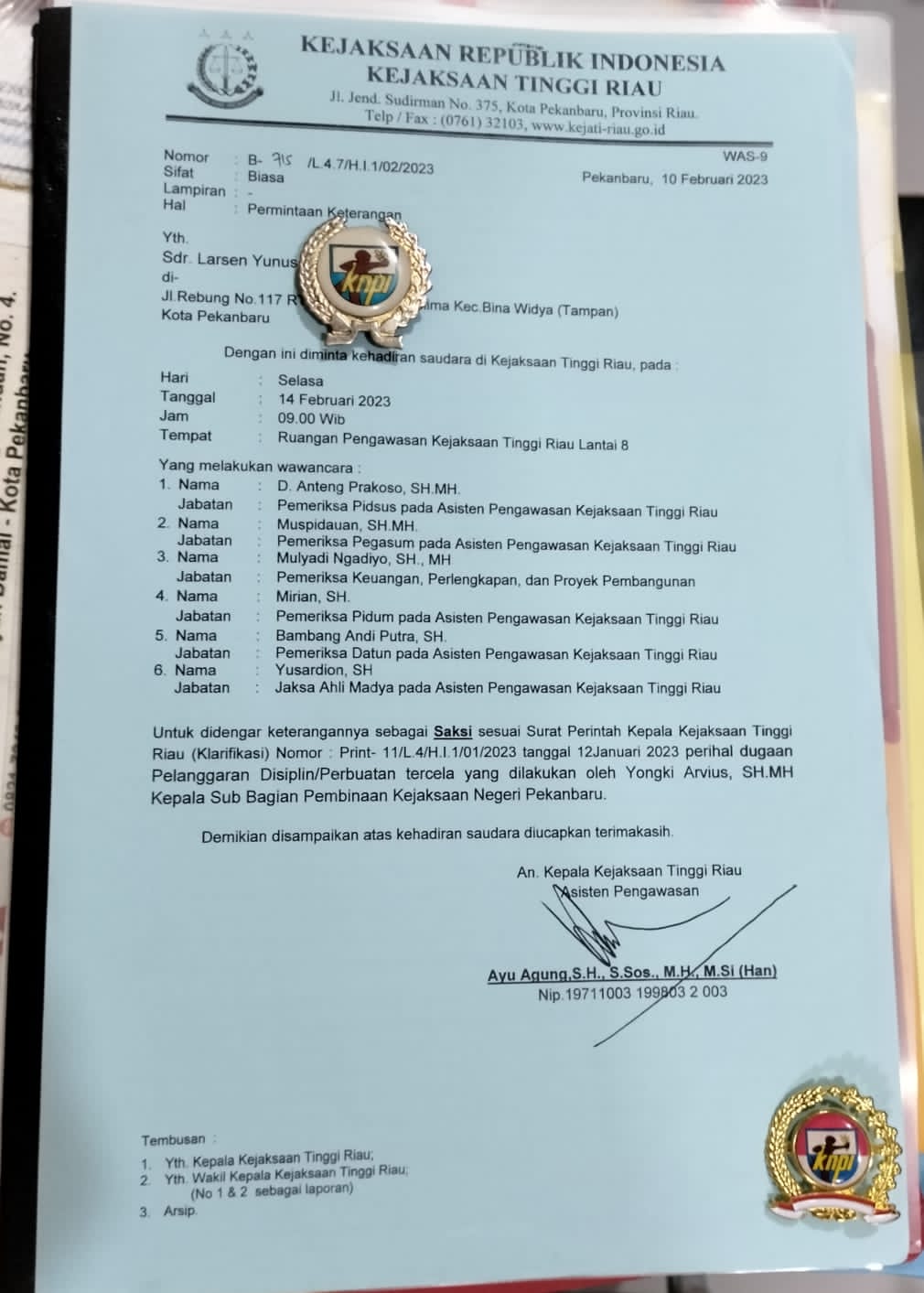 Jaksa Kejati Riau Panggil dan Periksa Ketua KNPI Larshen Yunus, Perkara Apa?