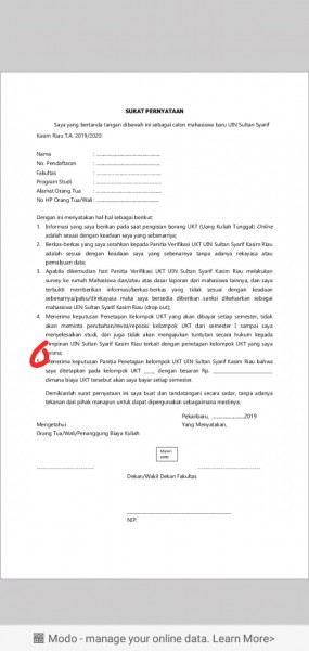 Mahasiswa Baru UIN Suska Riau Diharuskan Tanda Tangan Surat Pernyataan UKT