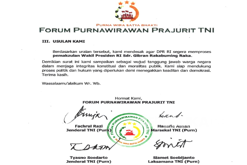 Purnawirawan TNI Bersurat ke Ketua MPR dan DPR, Minta Gibran Dimakzulkan