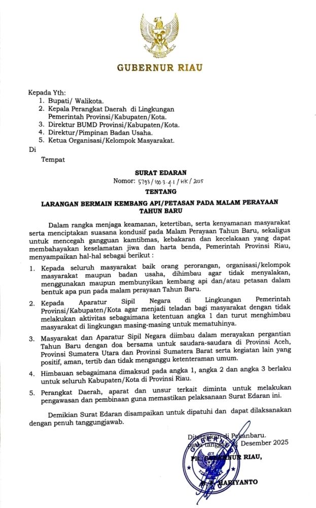 Malam Tahun Baru 2026 Tanpa Kembang Api, Ini Imbauan Pemprov Riau