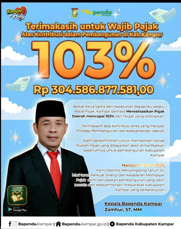 Di Bawah Kepemimpinan Zamhur, Realisasi Pajak Daerah Kampar Tembus 103 Persen