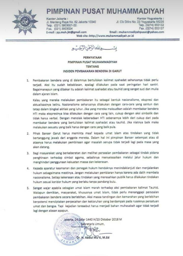 Sikap PP Muhammadiyah Tentang Insiden Pembakaran Bendera di Garut