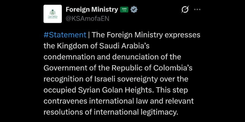 Arab Saudi Kecam Pengakuan Kolombia terhadap Klaim Israel atas Dataran Tinggi Golan