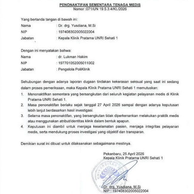 Terduga Pelaku Pelecehan Mahasiswi Unri Dinonaktifkan