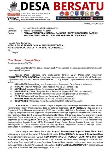 1.591 KADES AKAN GELAR RAKORDA PERCEPATAN PEMBENTUKAN KOPERASI DESA MERAH PUTIH DI RIAU