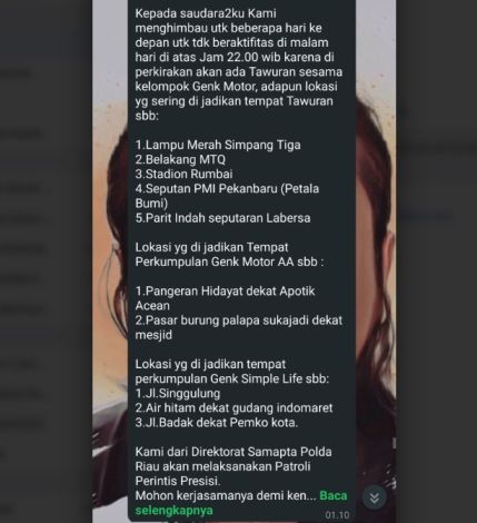 Pesan Berantai Tawuran di Kota Pekanbaru, Polda Riau: Tetap Tenang, Jangan Panik