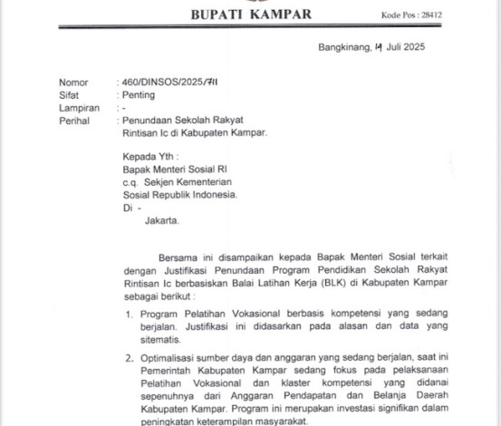 Surat Permintaan Penundaan Sekolah Rakyat di Kampar Bocor ke Publik