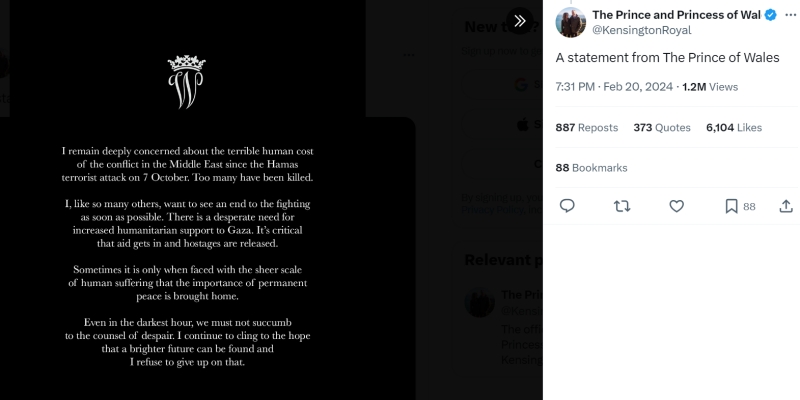Pangeran William Menyerukan Diakhirinya Pertempuran di Gaza Sesegera Mungkin