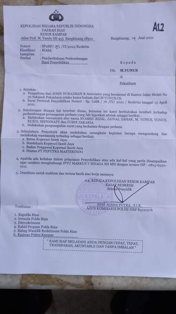 Polres Kampar Lidik Kasus Koperasi Sawit Jaya Desa Pasir Sialang