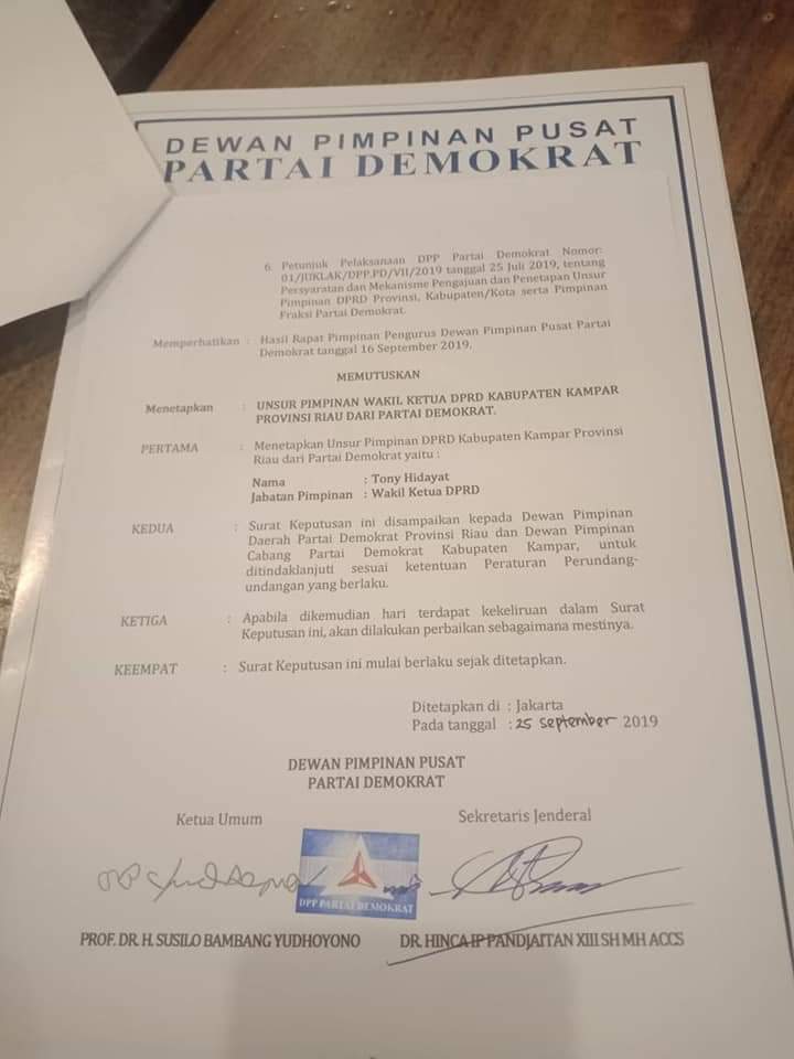 Tony Hidayat Resmi Ditunjuk Sebagai Wakil Ketua DPRD Kampar periode 2019 - 2023.