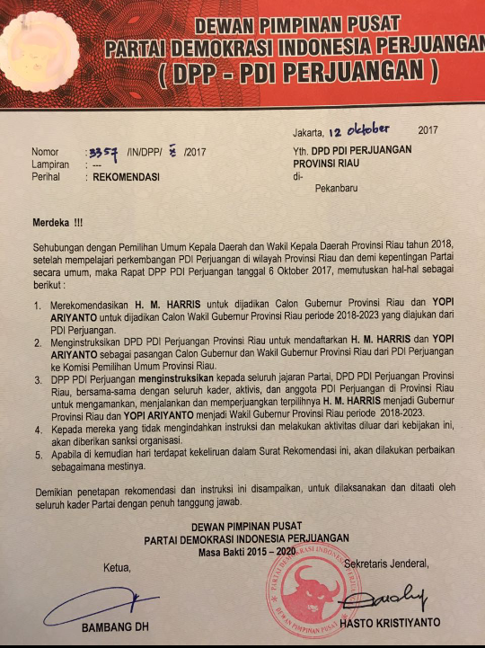 DPP PDIP Usung Kader Golkar Harris-Yopi di Pilgubri 2018