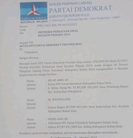 Demokrat Rohul Ajukan Tiga Nama Bakal Calon Bupati,